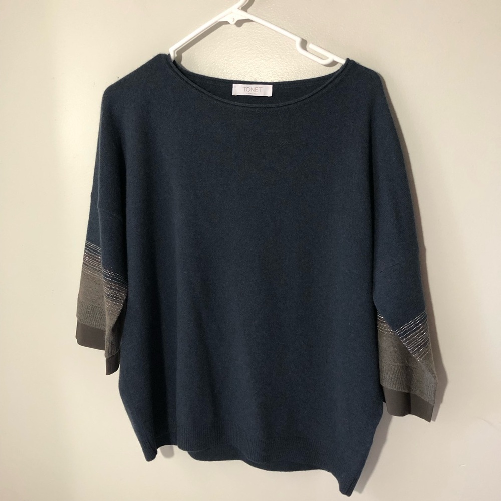 Tonet Italy wool silk cashmere boat neck dolman blue grey bead sweater 46 boxy